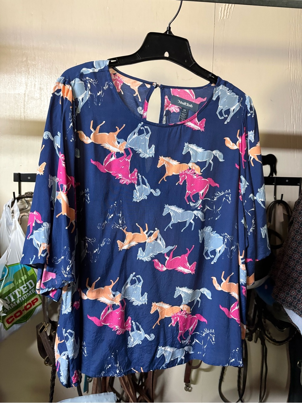 Modcloth Navy Blouse with Colorful Horse Print